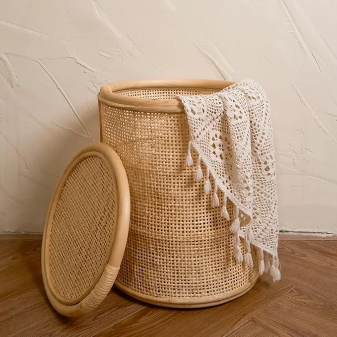 wicker Laundry Basket with Lid| round laundry basket with lid | storage Laundry Hampers(16"D, 18"H)(Beige)
